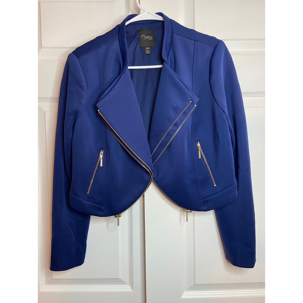 Thalia Sodi Royal Blue Cropped Moto Jacket Gold Zip Scuba Stretch M